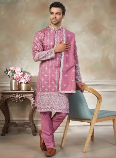 Pink Pure Silk With Embroidery Work Kurta Pajama With Dupatta Menswear Collection